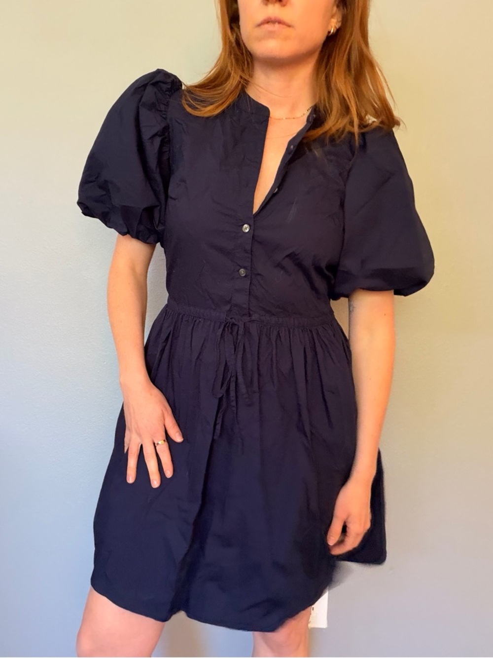 GAP Navy Puff-Sleeve Button-Front Mini Dress